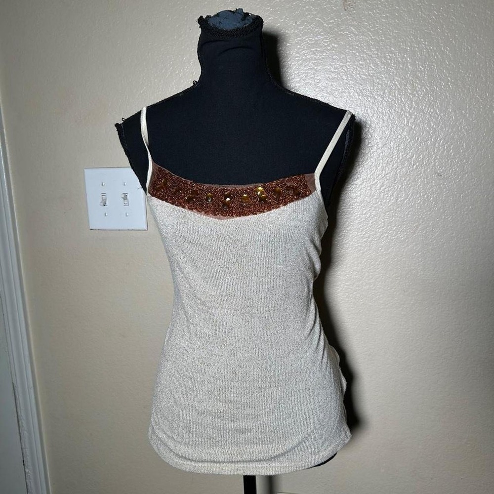 Cream Brown Beaded Knit Cami Top 2000s Y2K Boho Fairycore Medium